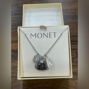 MONET necklace -silver heart, crystal drop, and faux diamond oval pendants. NWOT